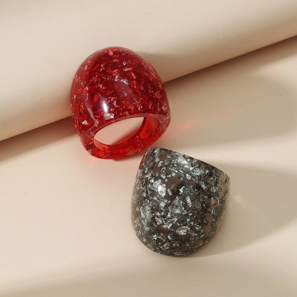 Black & Red Chunky Marble Resin Statement Rings - Picture 2 of 5
